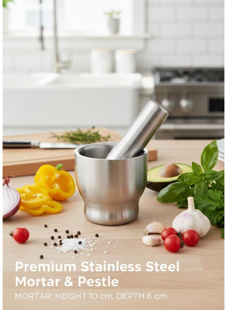 سبيس شوب طقم هاون ومدقة من الفولاذ المقاوم للصدأ الفاخر الصالح للطعام مطحنة أعشاب وتوابل شديدة التحمل للمطبخ - Image 3